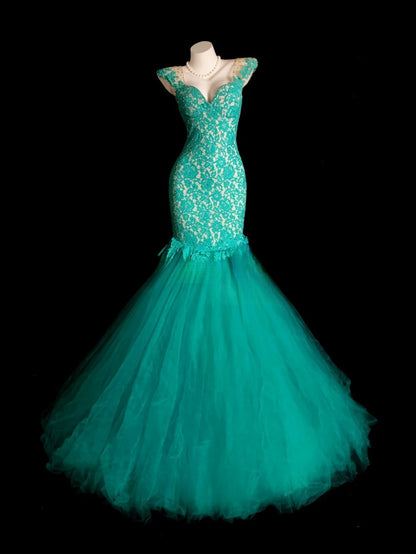 Green Prom Dress Inspo Mermaid Sweetheart Lace Modest Long Formal Party Gown RB9841