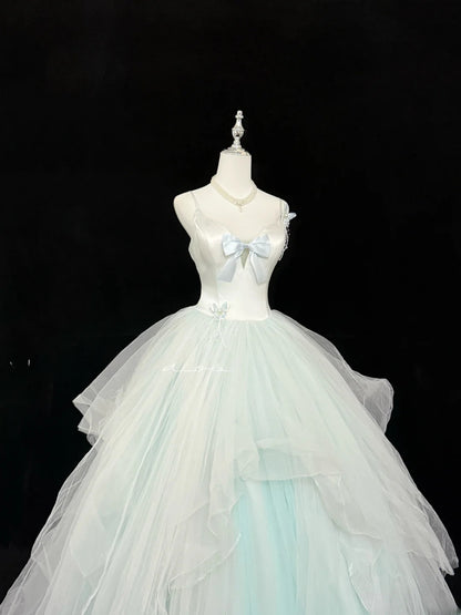 Modest Ball Gown Spaghetti Strap Mint Green Tulle With Ruffled Quince Dress Voluminous Sweet 16 Sweet Sixteen Outfits Vestido de RB7410