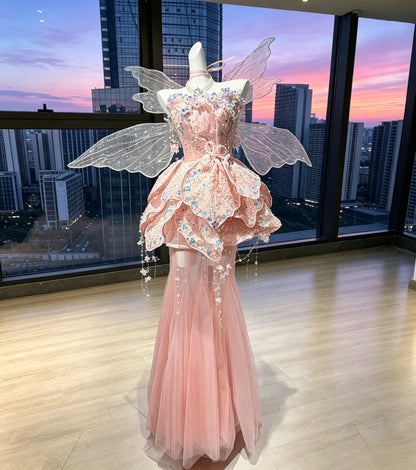Cute Wedding Dress Fairytale Ball Gown Sweetheart Pink With Ruffled Beading Wing Bridal Gown RC1001