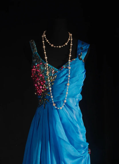 Vintage Prom Dresses 90s Formal A Line V Neck Blue Chiffon With Beadings Long Party Gowns Prom Dresses AS040