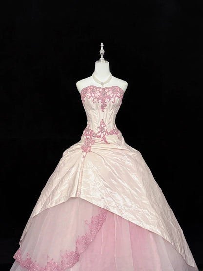 Fairy-tale Ball Gown Sweetheart Pink With Appliqued Lace Tulle Quince Dress Voluminous Sweet 16 Sweet Sixteen Outfits Vestido de RB7411