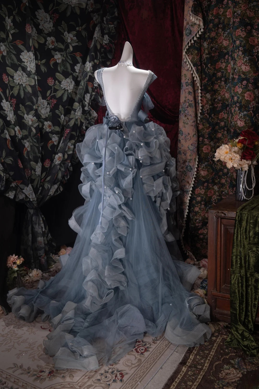 Fairytale High Low Square Dusty Blue Tulle With Flowers Tiered Long Prom Dresses Formal Outfit Evening Night Dress RB8065