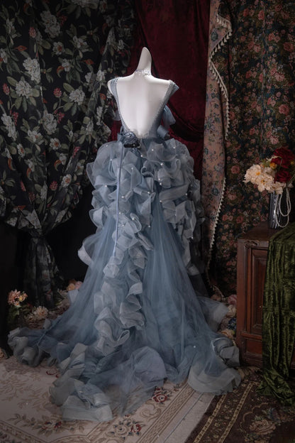 Fairytale High Low Square Dusty Blue Tulle With Flowers Tiered Long Prom Dresses Formal Outfit Evening Night Dress RB8065