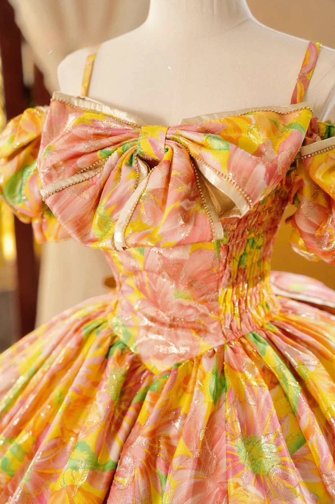 Floral Yellow Quinceanera Dress With Sleeves Spaghetti Straps Ball Gown Sweet 15 Birthday Gown RB9033