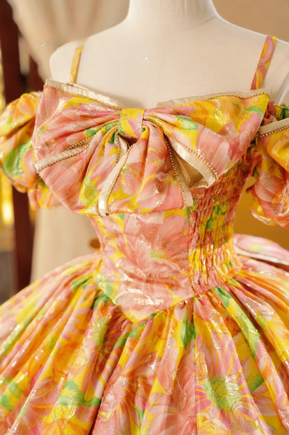 Floral Yellow Quinceanera Dress With Sleeves Spaghetti Straps Ball Gown Sweet 15 Birthday Gown RB9033