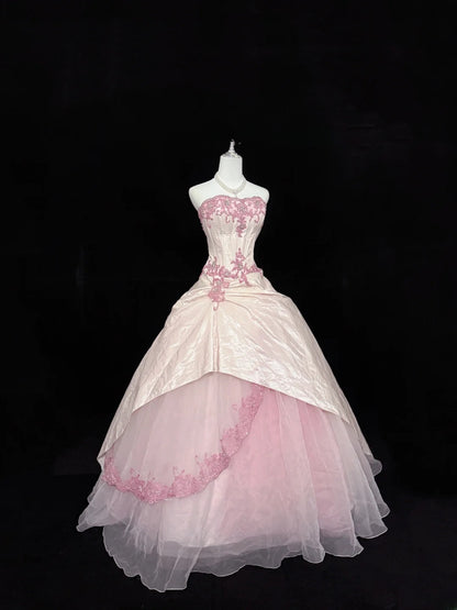 Fairy-tale Ball Gown Sweetheart Pink With Appliqued Lace Tulle Quince Dress Voluminous Sweet 16 Sweet Sixteen Outfits Vestido de RB7411