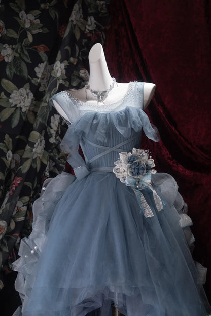 Fairytale High Low Square Dusty Blue Tulle With Flowers Tiered Long Prom Dresses Formal Outfit Evening Night Dress RB8065