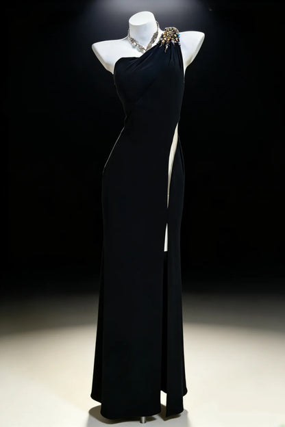 Sheath One Shoulder Black Sleeveless With Split For Women Long Prom Dresses Senior High School 21st Birthday Outfits AS040