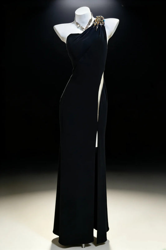 Sheath One Shoulder Black Sleeveless With Split For Women Long Prom Dresses Senior High School 21st Birthday Outfits AS040