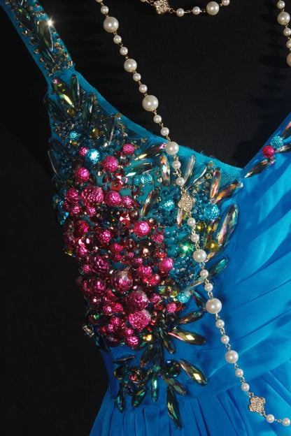Vintage Prom Dresses 90s Formal A Line V Neck Blue Chiffon With Beadings Long Party Gowns Prom Dresses AS040