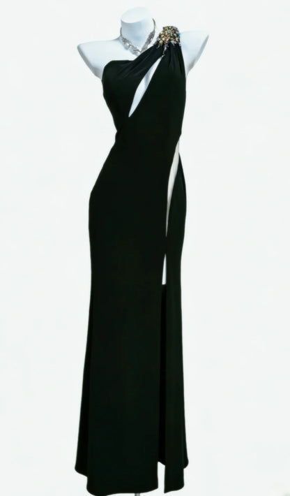 Sheath One Shoulder Black Sleeveless With Split For Women Long Prom Dresses Senior High School 21st Birthday Outfits AS040