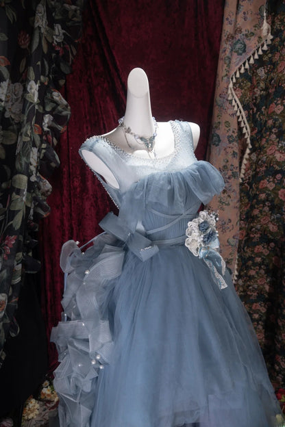 Fairytale High Low Square Dusty Blue Tulle With Flowers Tiered Long Prom Dresses Formal Outfit Evening Night Dress RB8065