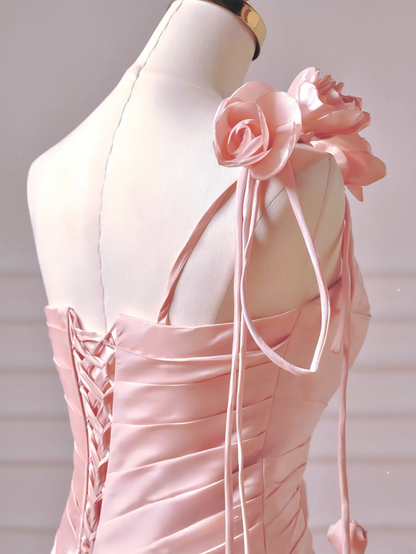 Modest Prom Dresses Aesthetic A Line One Shoulder Pink Satin Impress Long Party Formal Gown For Teens High Schools Girls AQ040