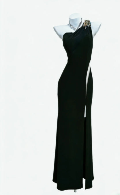 Sheath One Shoulder Black Sleeveless With Split For Women Long Prom Dresses Senior High School 21st Birthday Outfits AS040