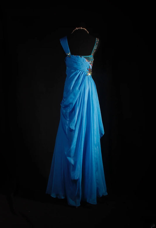 Vintage Prom Dresses 90s Formal A Line V Neck Blue Chiffon With Beadings Long Party Gowns Prom Dresses AS040