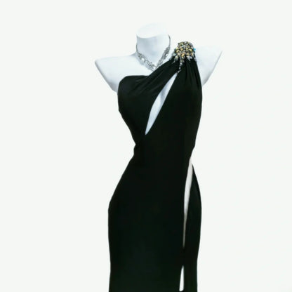Sheath One Shoulder Black Sleeveless With Split For Women Long Prom Dresses Senior High School 21st Birthday Outfits AS040