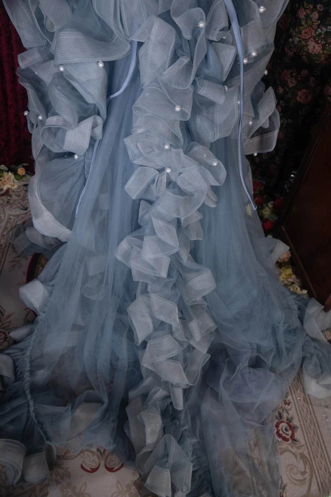 Fairytale High Low Square Dusty Blue Tulle With Flowers Tiered Long Prom Dresses Formal Outfit Evening Night Dress RB8065