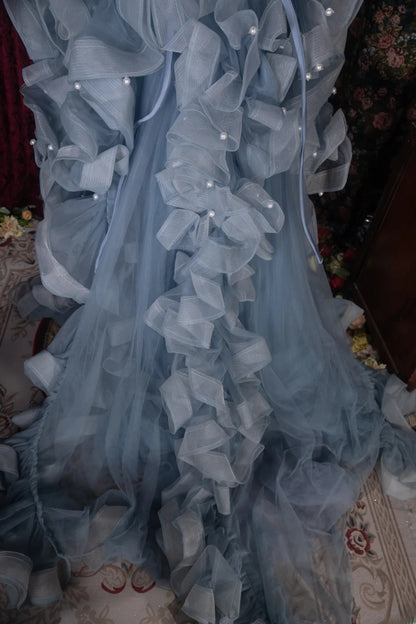 Fairytale High Low Square Dusty Blue Tulle With Flowers Tiered Long Prom Dresses Formal Outfit Evening Night Dress RB8065
