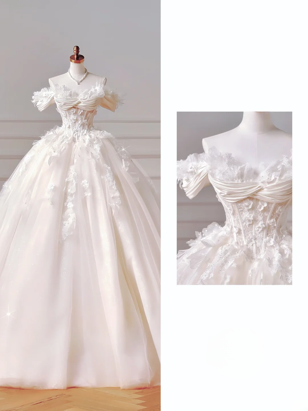 Princess Long Wedding Gowns Ball Gown Off The Shoulder Tulle For Bride With Short Sleeves Appliques Lace Bodice Bridal Dress AQ041