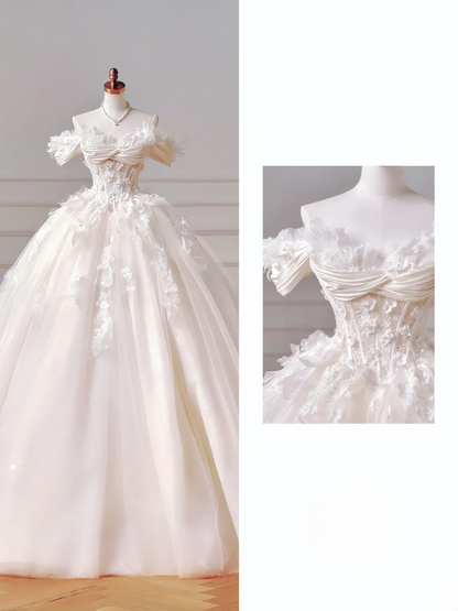 Princess Long Wedding Gowns Ball Gown Off The Shoulder Tulle For Bride With Short Sleeves Appliques Lace Bodice Bridal Dress AQ041