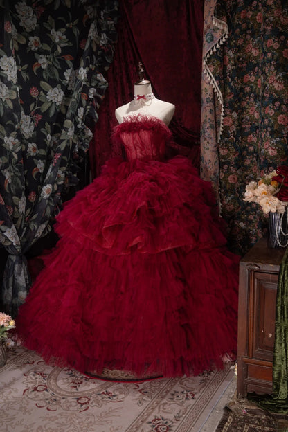 Charming Ball Gown Strapless Burgundy Tulle With Tiered Layers Long Quince Dress Quinceanera Dresses Formal Birthday Outfits RB8065