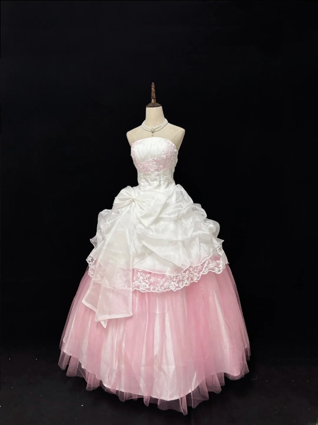 Sweet Ball Gown Strapless White Pink With Appliqued Lace Tulle Quince Dress Voluminous Sweet 16 Sweet Sixteen Outfits Vestido de RB7412