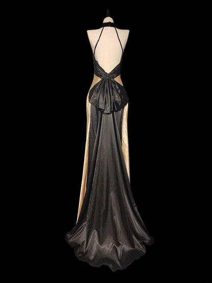 Vintage 1950s Mermaid Halter Champagne Satin With Backless Long Prom Dresses High School Senior Graduation Dance Evening Outfits AS041