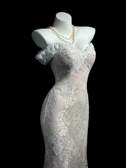 Classy Prom Dresses Mermaid Off The Shoulder White With Lace Sleeves Evening Dress Formal Outfits RB5849
