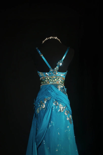 Vintage Prom Dresses 90s Formal Mermaid Spaghetti Straps Blue Chiffon With Beadings Long Party Gowns Prom Dresses AS041
