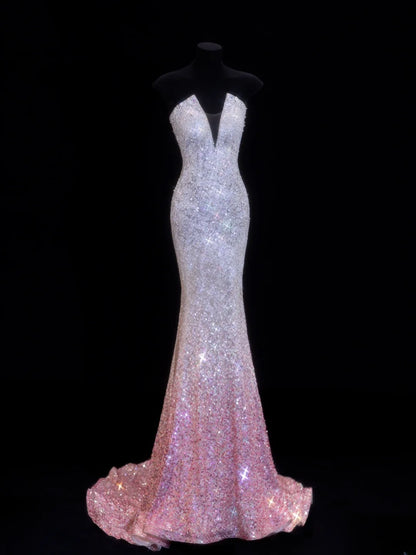 Affordable Sequin 1950s Formal Mermaid Strapless Pink Ombre Sequins With Beads Style Impress Long Prom Dresses Party Gowns SA041