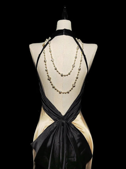 Vintage 1950s Mermaid Halter Champagne Satin With Backless Long Prom Dresses High School Senior Graduation Dance Evening Outfits AS041