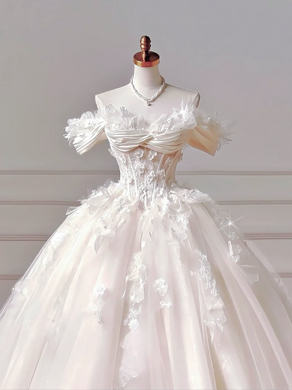 Princess Long Wedding Gowns Ball Gown Off The Shoulder Tulle For Bride With Short Sleeves Appliques Lace Bodice Bridal Dress AQ041
