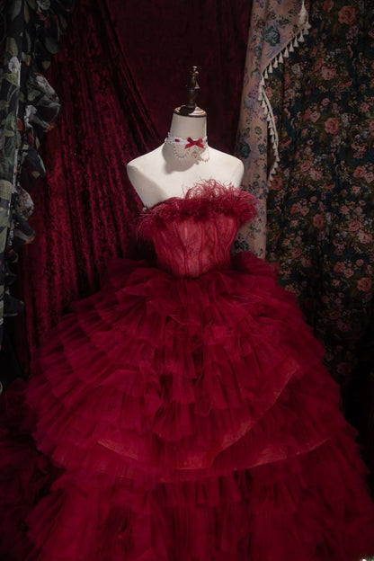 Charming Ball Gown Strapless Burgundy Tulle With Tiered Layers Long Quince Dress Quinceanera Dresses Formal Birthday Outfits RB8065