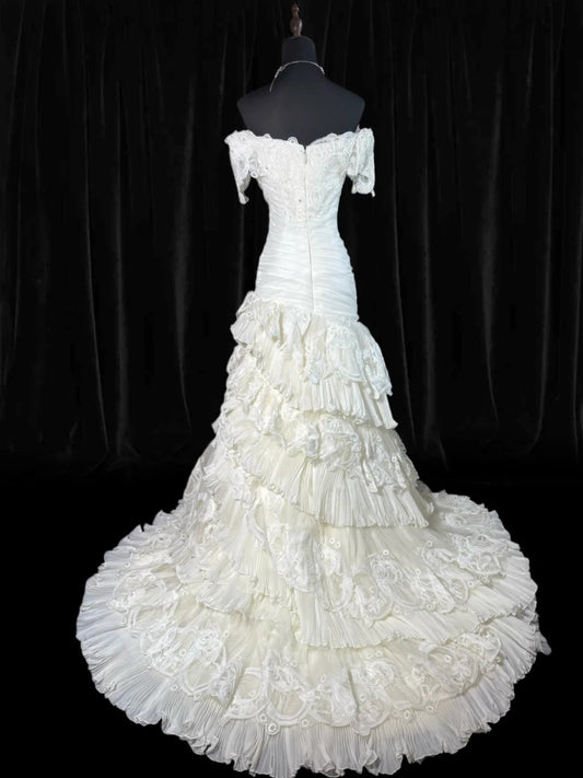 Boho Mermaid Off The Shoulder With Short Sleeves White Lace Tiered Long Vintage Fitted 1920s Wedding Dresses AS041