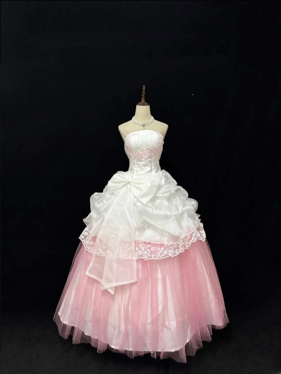 Sweet Ball Gown Strapless White Pink With Appliqued Lace Tulle Quince Dress Voluminous Sweet 16 Sweet Sixteen Outfits Vestido de RB7412