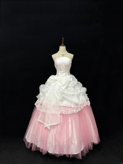 Sweet Ball Gown Strapless White Pink With Appliqued Lace Tulle Quince Dress Voluminous Sweet 16 Sweet Sixteen Outfits Vestido de RB7412