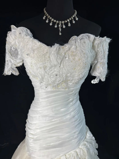 Boho Mermaid Off The Shoulder With Short Sleeves White Lace Tiered Long Vintage Fitted 1920s Wedding Dresses AS041