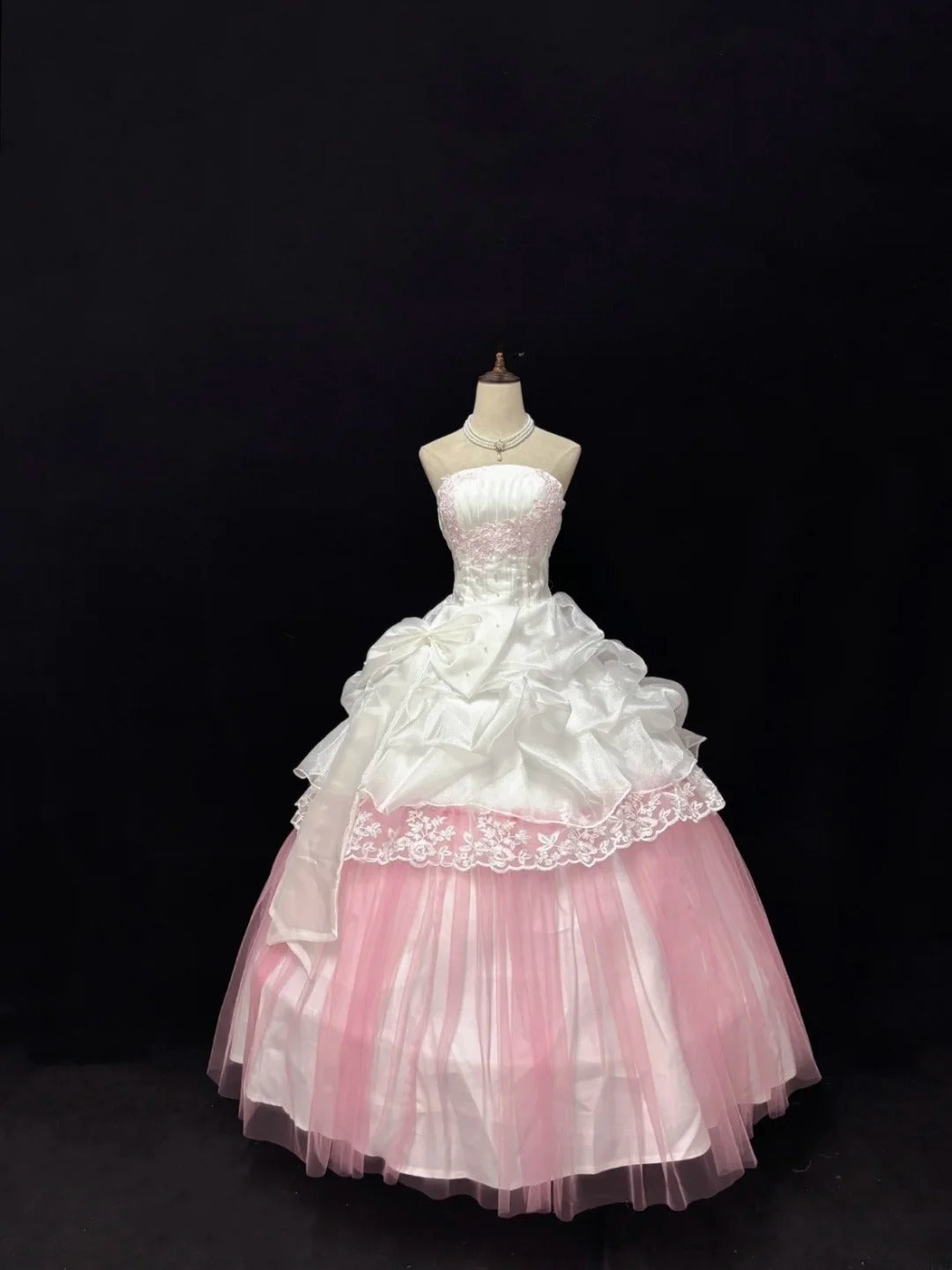 Sweet Ball Gown Strapless White Pink With Appliqued Lace Tulle Quince Dress Voluminous Sweet 16 Sweet Sixteen Outfits Vestido de RB7412