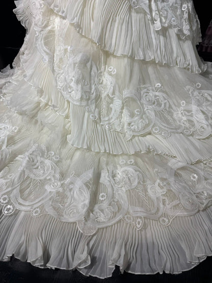 Boho Mermaid Off The Shoulder With Short Sleeves White Lace Tiered Long Vintage Fitted 1920s Wedding Dresses AS041