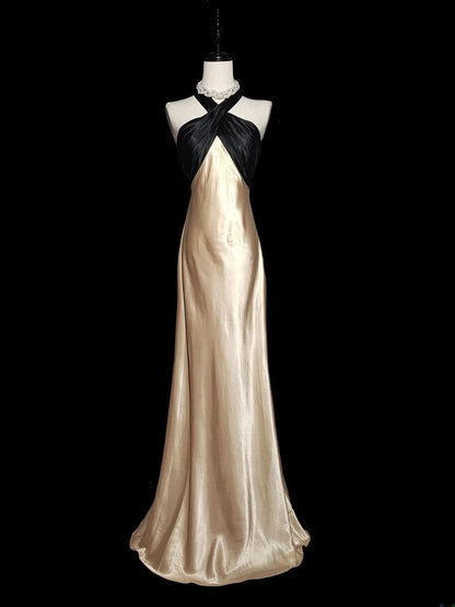 Vintage 1950s Mermaid Halter Champagne Satin With Backless Long Prom Dresses High School Senior Graduation Dance Evening Outfits AS041