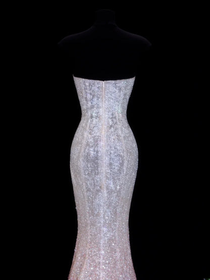 Affordable Sequin 1950s Formal Mermaid Strapless Pink Ombre Sequins With Beads Style Impress Long Prom Dresses Party Gowns SA041