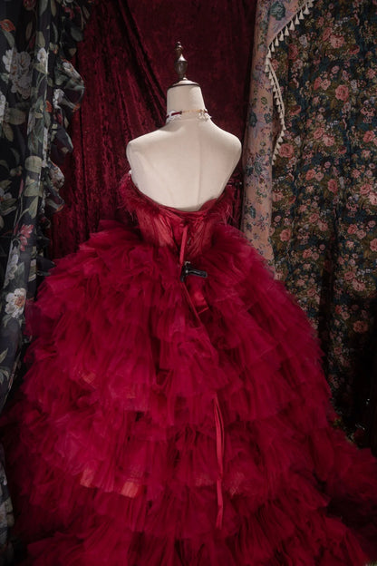 Charming Ball Gown Strapless Burgundy Tulle With Tiered Layers Long Quince Dress Quinceanera Dresses Formal Birthday Outfits RB8065