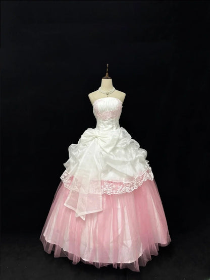 Sweet Ball Gown Strapless White Pink With Appliqued Lace Tulle Quince Dress Voluminous Sweet 16 Sweet Sixteen Outfits Vestido de RB7412