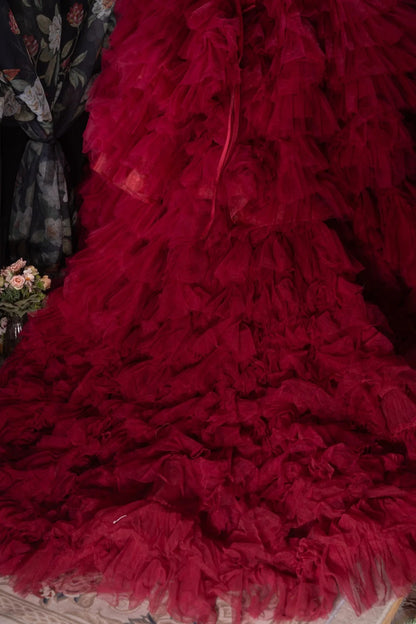 Charming Ball Gown Strapless Burgundy Tulle With Tiered Layers Long Quince Dress Quinceanera Dresses Formal Birthday Outfits RB8065