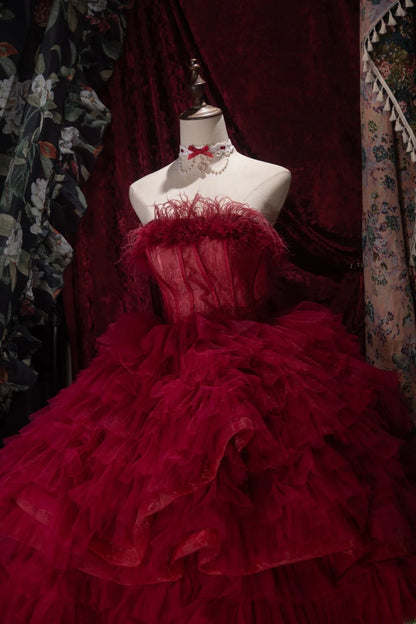 Charming Ball Gown Strapless Burgundy Tulle With Tiered Layers Long Quince Dress Quinceanera Dresses Formal Birthday Outfits RB8065