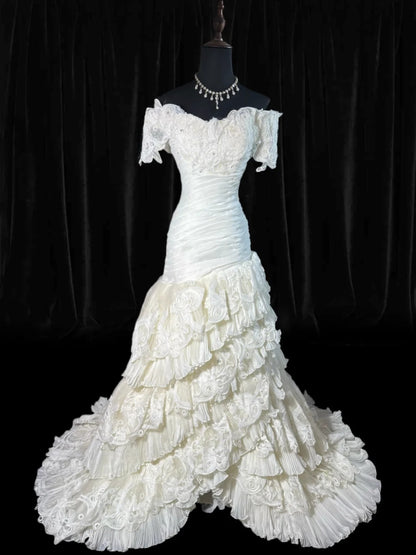 Boho Mermaid Off The Shoulder With Short Sleeves White Lace Tiered Long Vintage Fitted 1920s Wedding Dresses AS041