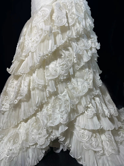 Boho Mermaid Off The Shoulder With Short Sleeves White Lace Tiered Long Vintage Fitted 1920s Wedding Dresses AS041
