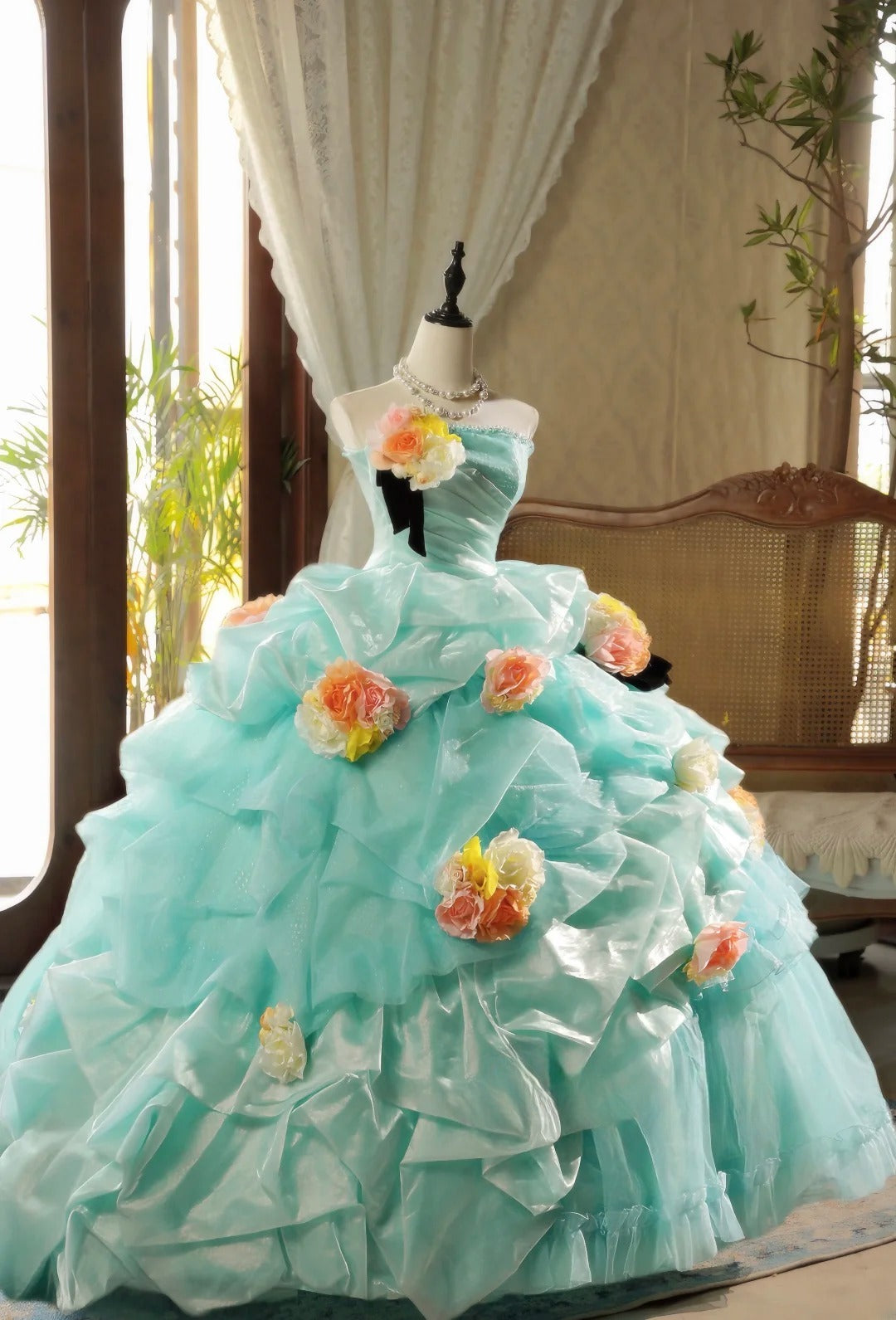 Quinceanera Dress With Flowers Blue Tulle Ball Gown Sweet 15 15th Birthday Gown RB9034
