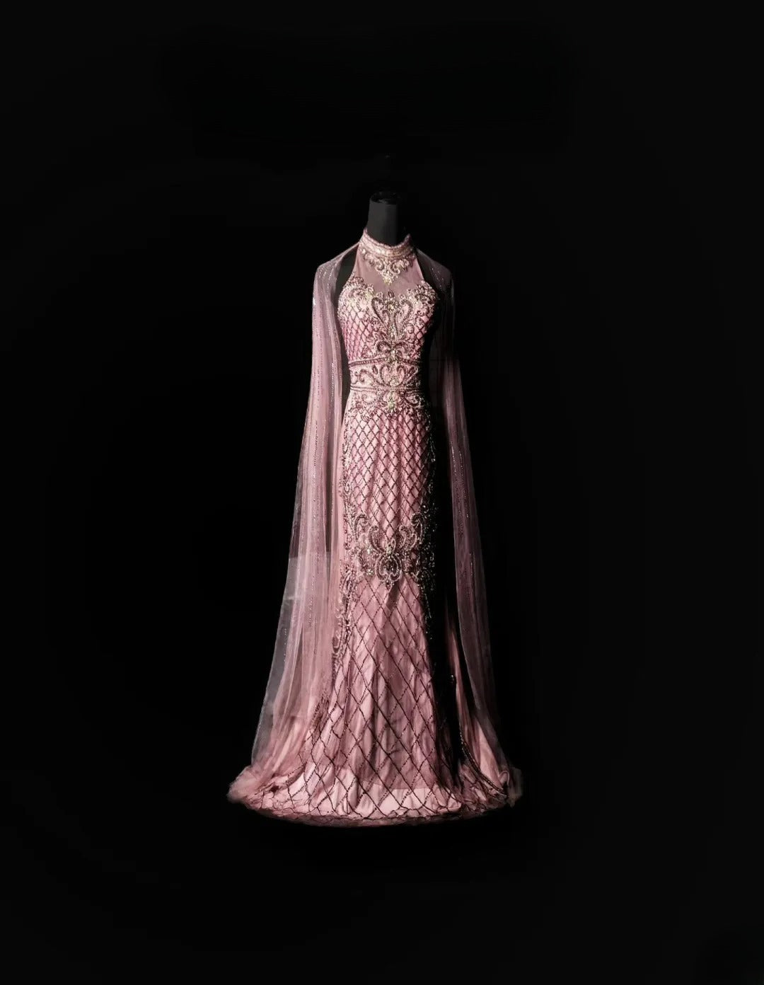 Modest Mermaid High Neck With Cape Pink Long Prom Dress Beading Crystals Formal Dress Long Party Dresses RB6934