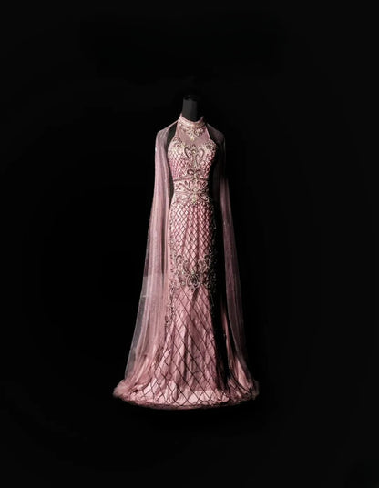 Modest Mermaid High Neck With Cape Pink Long Prom Dress Beading Crystals Formal Dress Long Party Dresses RB6934